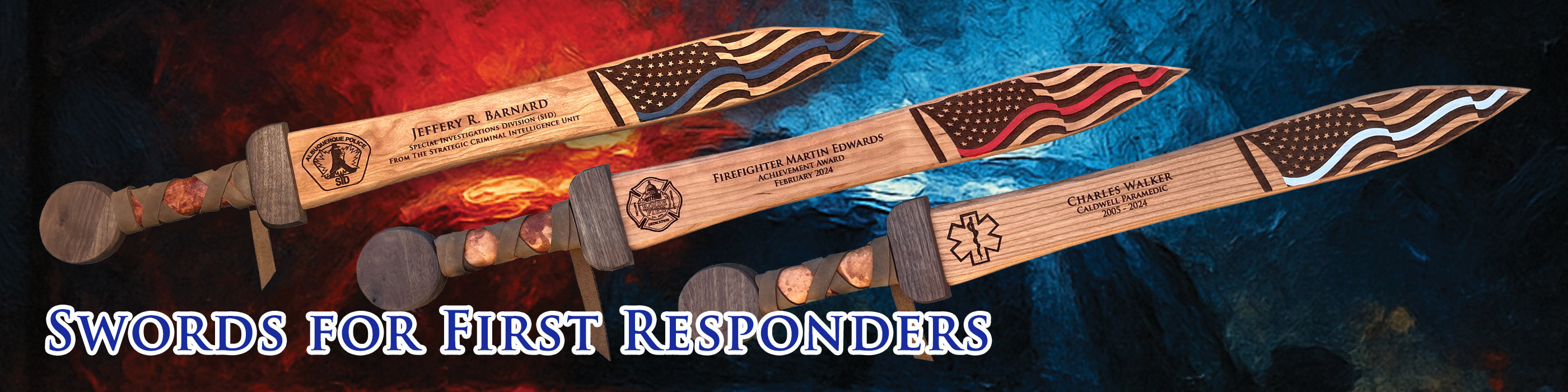 Infographic banner 'Swords For First Responders' showing three personalized gladius swords