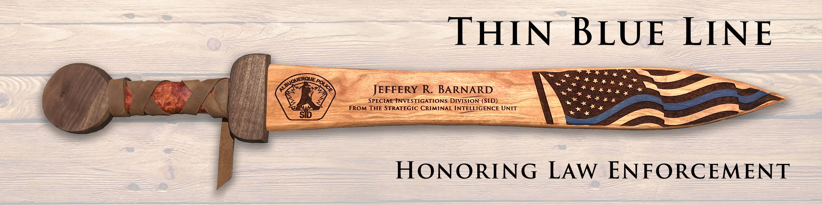 Thin Blue Line infographic banner honoring law enforcement with a personalized gladius sword