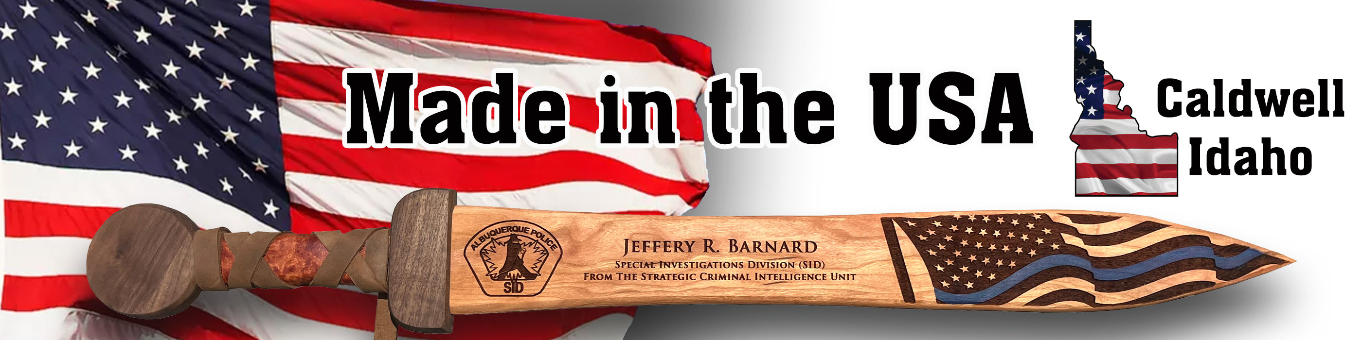 Infographic banner reading 'Made in the USA, Caldwell Idaho' beside a flag and sword edge
